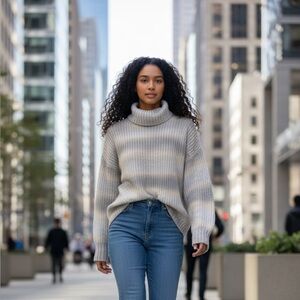 GAP Cosy Gray Striped Neutral Ombre Turtleneck Sweater